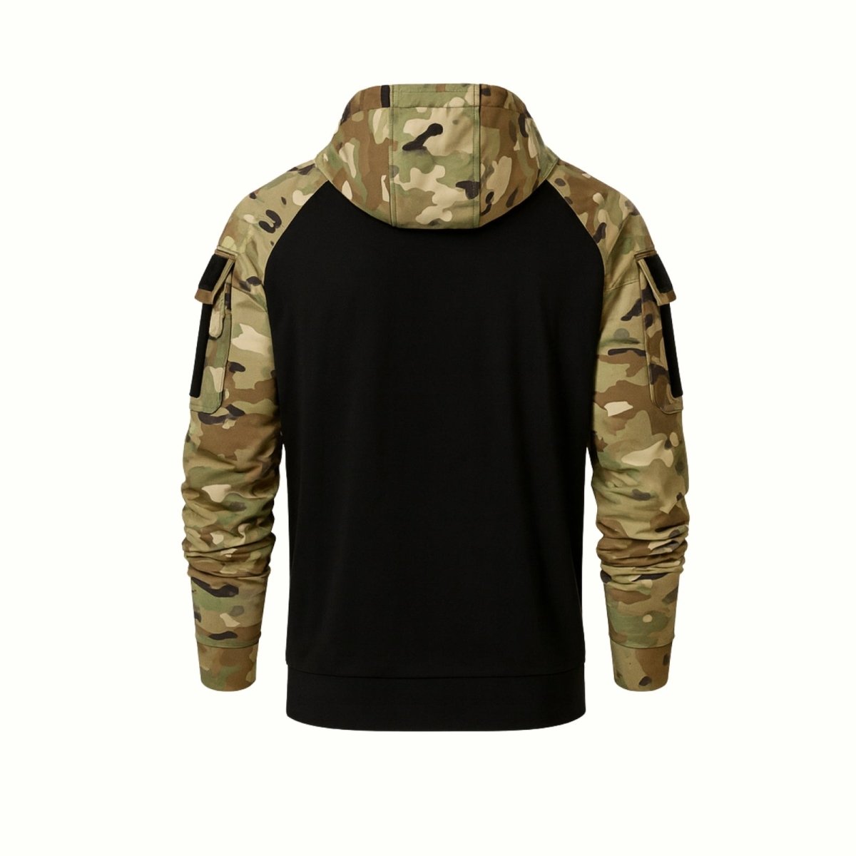 Back profile view of the Kouvr Clint tactical hoodie, highlighting the contrast between the black stretch torso and the durable multicam sleeve.