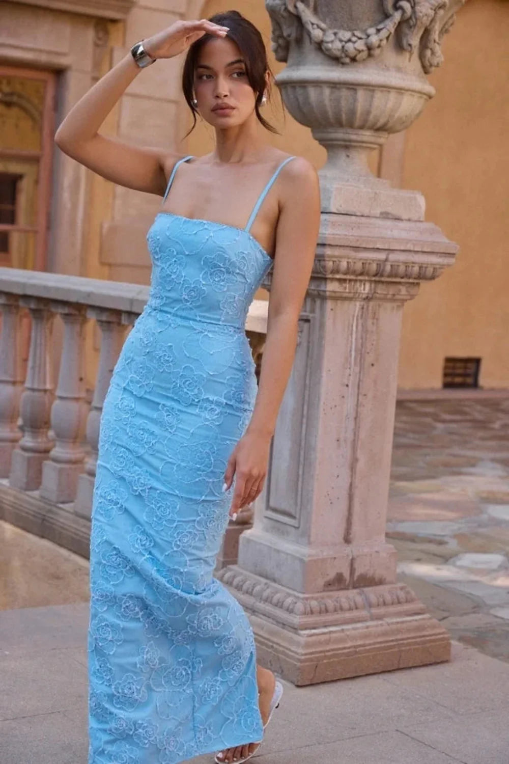 sky blue wedding guest dress," "powder blue prom gown," "bodycon evening dress with flowers," "elegant summer formal wear," "destination wedding attire
