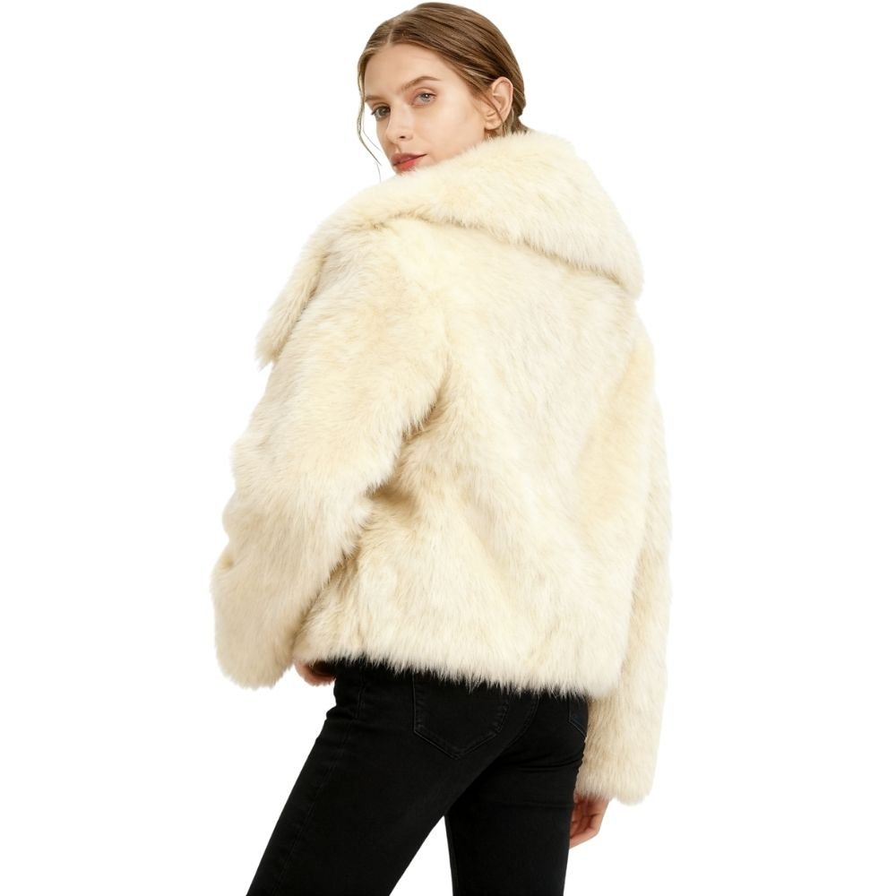 Luxury vegan fur coat
- Women's plush winter jacket
- Cream evening jacket
- Wide collar faux fur coat
- Off-white cropped outerwear