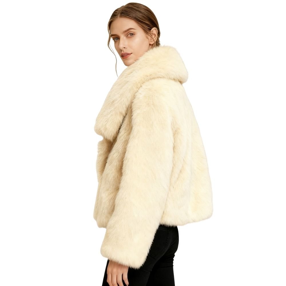 Luxury vegan fur coat
- Women's plush winter jacket
- Cream evening jacket
- Wide collar faux fur coat
- Off-white cropped outerwear
