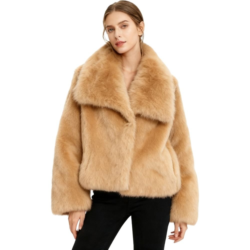 vegan mink," "plush outerwear," "shawl collar coat," "ethical luxury," and "evening jacket