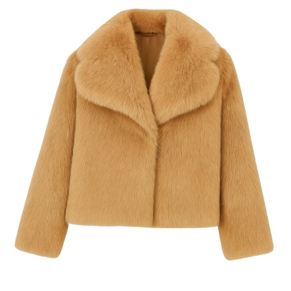 vegan mink," "plush outerwear," "shawl collar coat," "ethical luxury," and "evening jacket