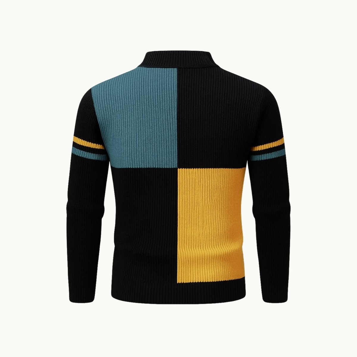 Product shot of the Kouvr men's color-block mock neck sweater with a geometric pattern, back view.
