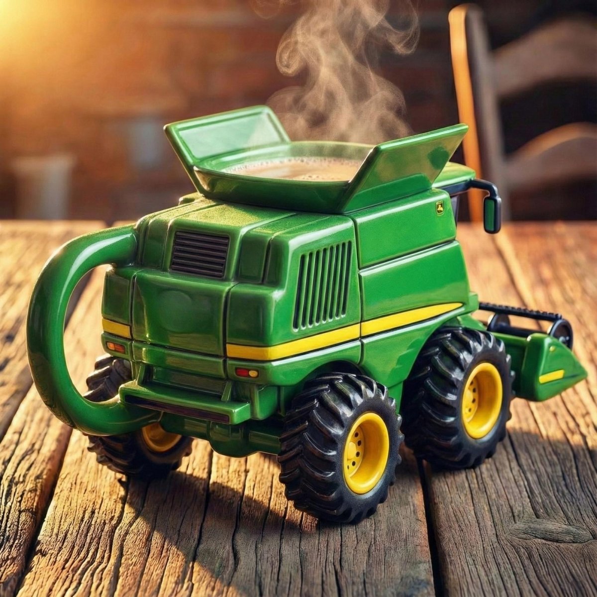 Rear view of the Kouvr combine harvester mug, highlighting the sculpted handle integrated into the vehicle's body and the large, textured tires.