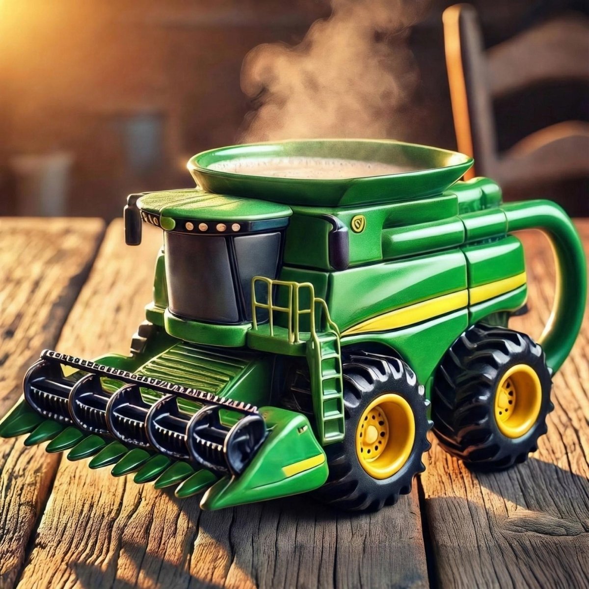 Side view of the Kouvr crafted green and yellow combine harvester coffee mug, showing detailed wheels and body, steaming on a rustic wood table.