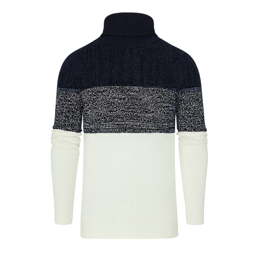 Two-tone sweater with navy blue and white kouvr colors on a white background