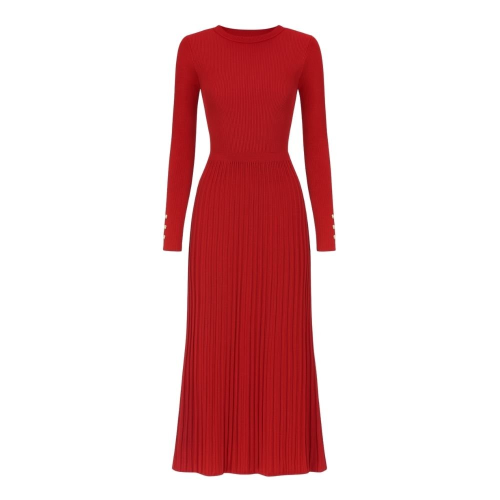 Holiday party dress, women's fall dress, mock neck dress, dress with pearl buttons, sophisticated red dress, luxury knitwear, Parisian style.