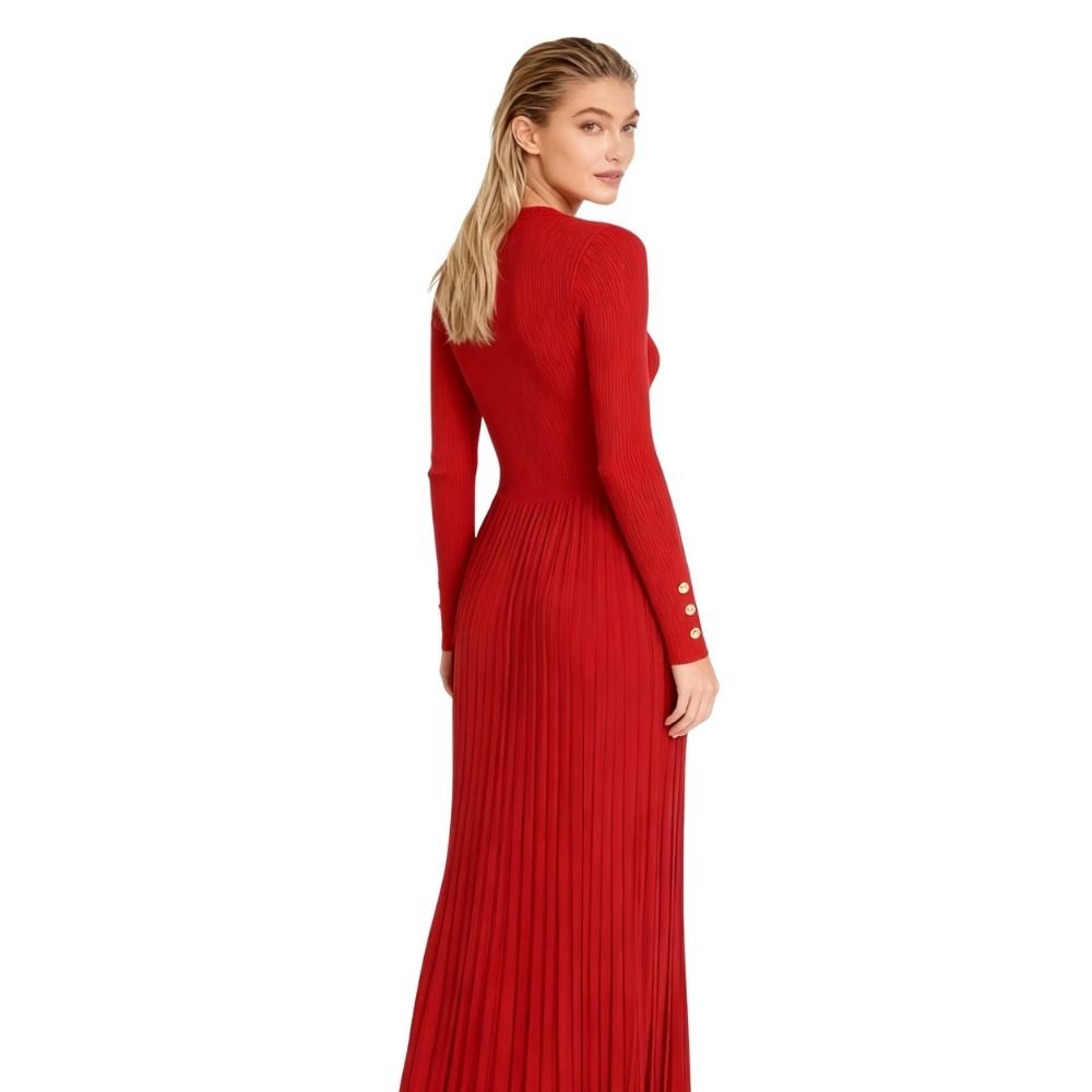 Holiday party dress, women's fall dress, mock neck dress, dress with pearl buttons, sophisticated red dress, luxury knitwear, Parisian style.