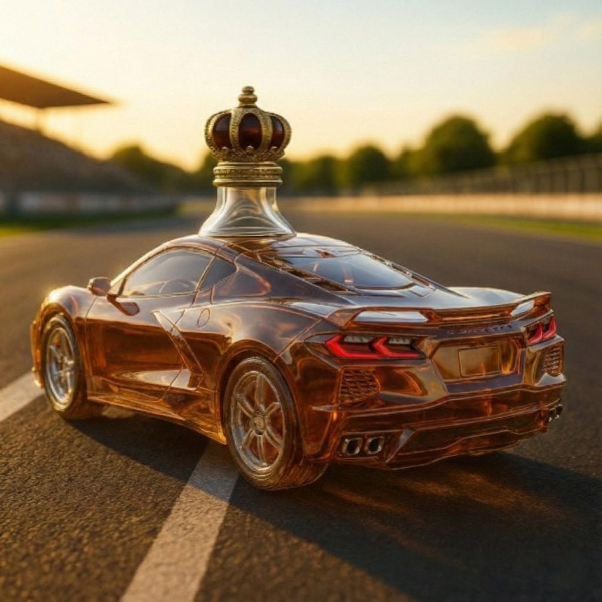 A rear three-quarter view of the Kouvr sports car bourbon decanter, highlighting its intricate taillight details and the ornate royal crown stopper.