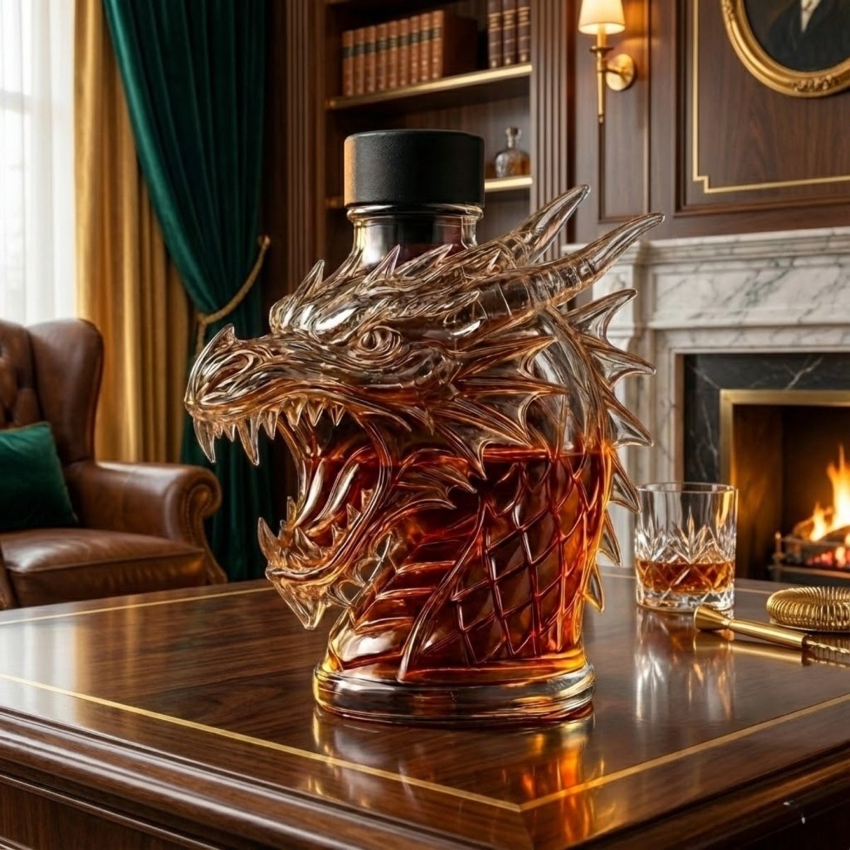 A side view of the handcrafted crystal dragon head whiskey decanter, filled with amber liquid and sitting on a polished wood desk in a luxury study.