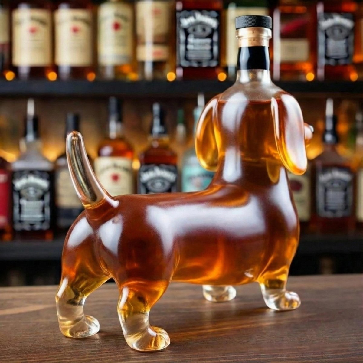 Back view of a sausage dog whiskey decanter by Kouvr, highlighting the detailed glass craftsmanship and cork stopper, presented as a unique gift for men.