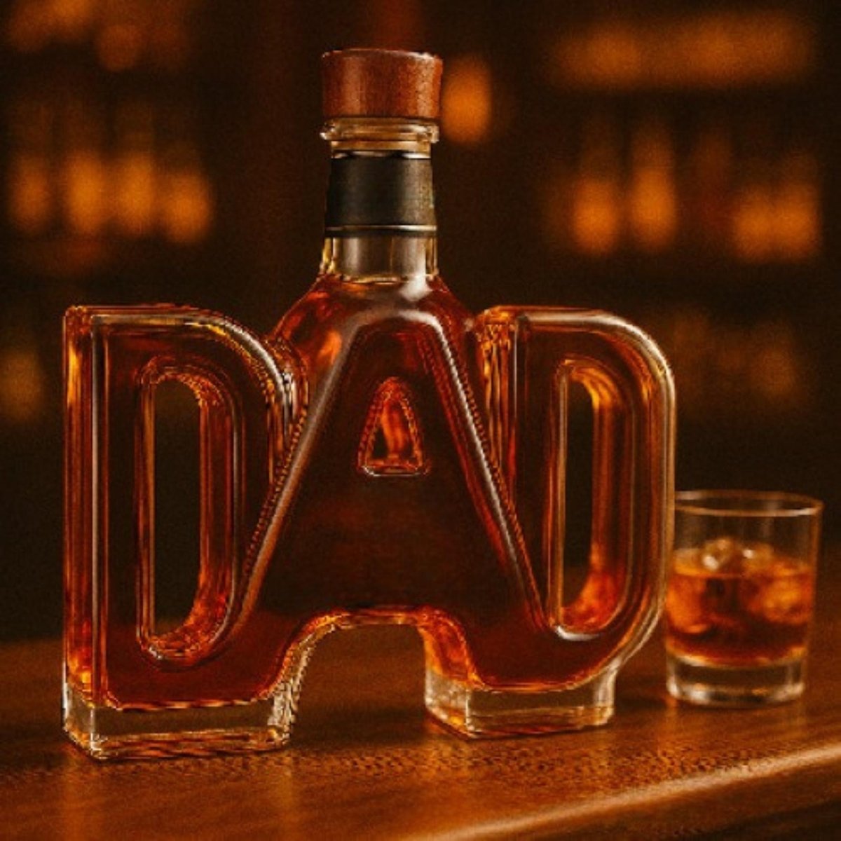 Front view of the Kouvr DAD shaped glass decanter with a modern, simple wood stopper, ideal for a dad with classic taste.