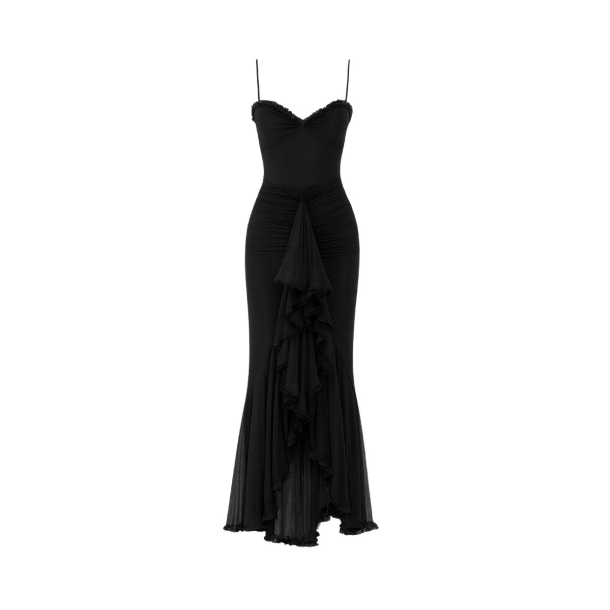 Black kouvr evening gown with ruched details on a white background