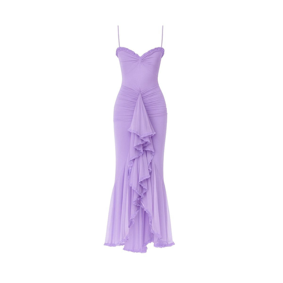 Light purple kouvr evening gown with ruffled details on a white background