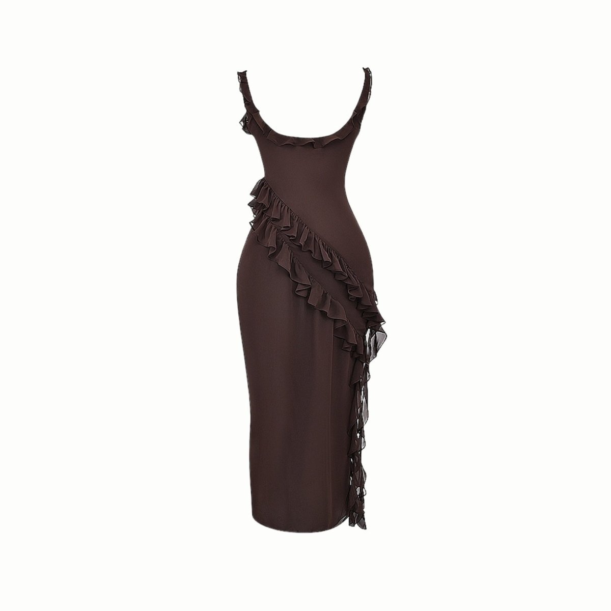 Brown Kouvr dress with ruffled details on a white background