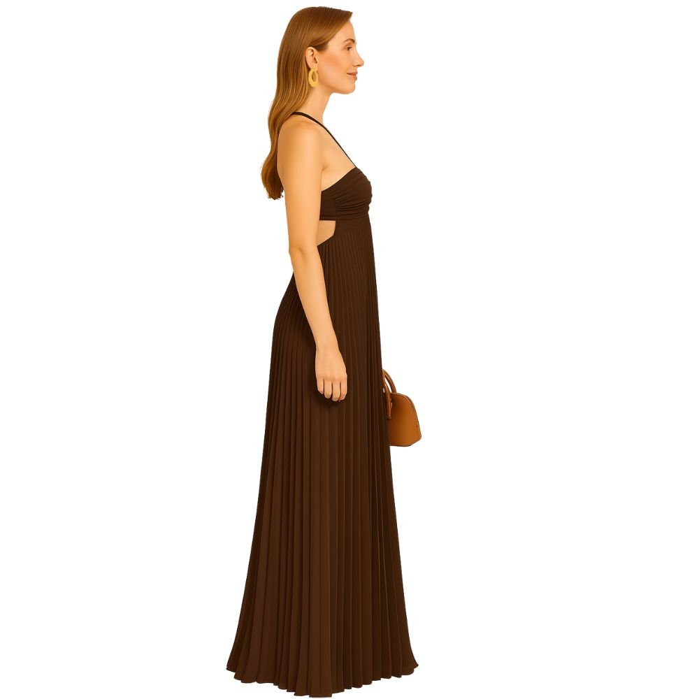 Model wearing Kouvr brown pleated floor-length halter gown with side cutouts and an open back
