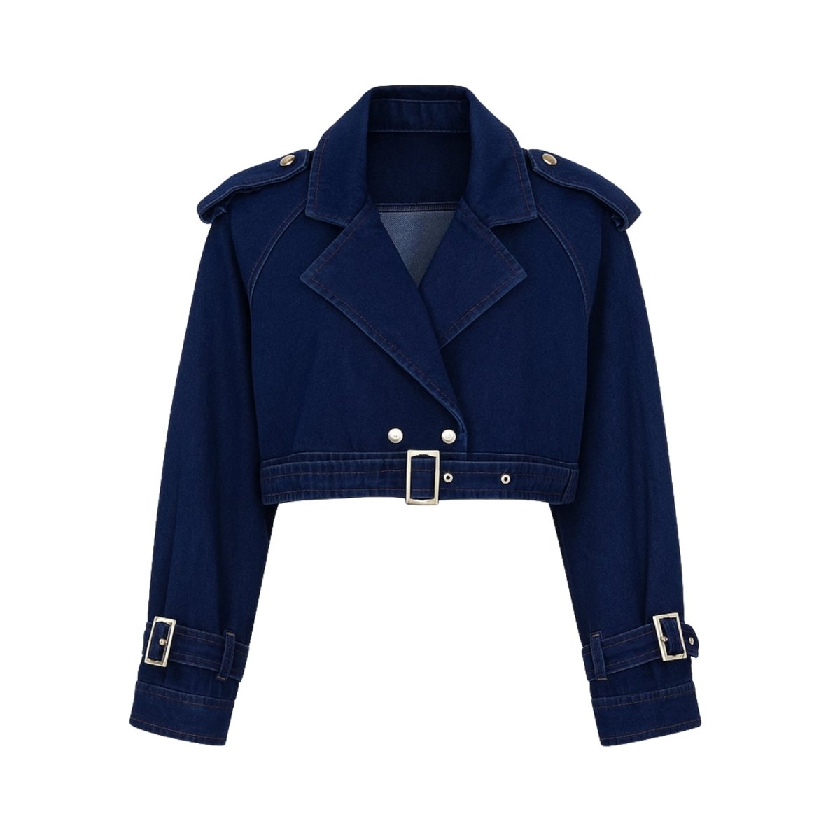 Blue kouvr jacket with gold buckles on a white background