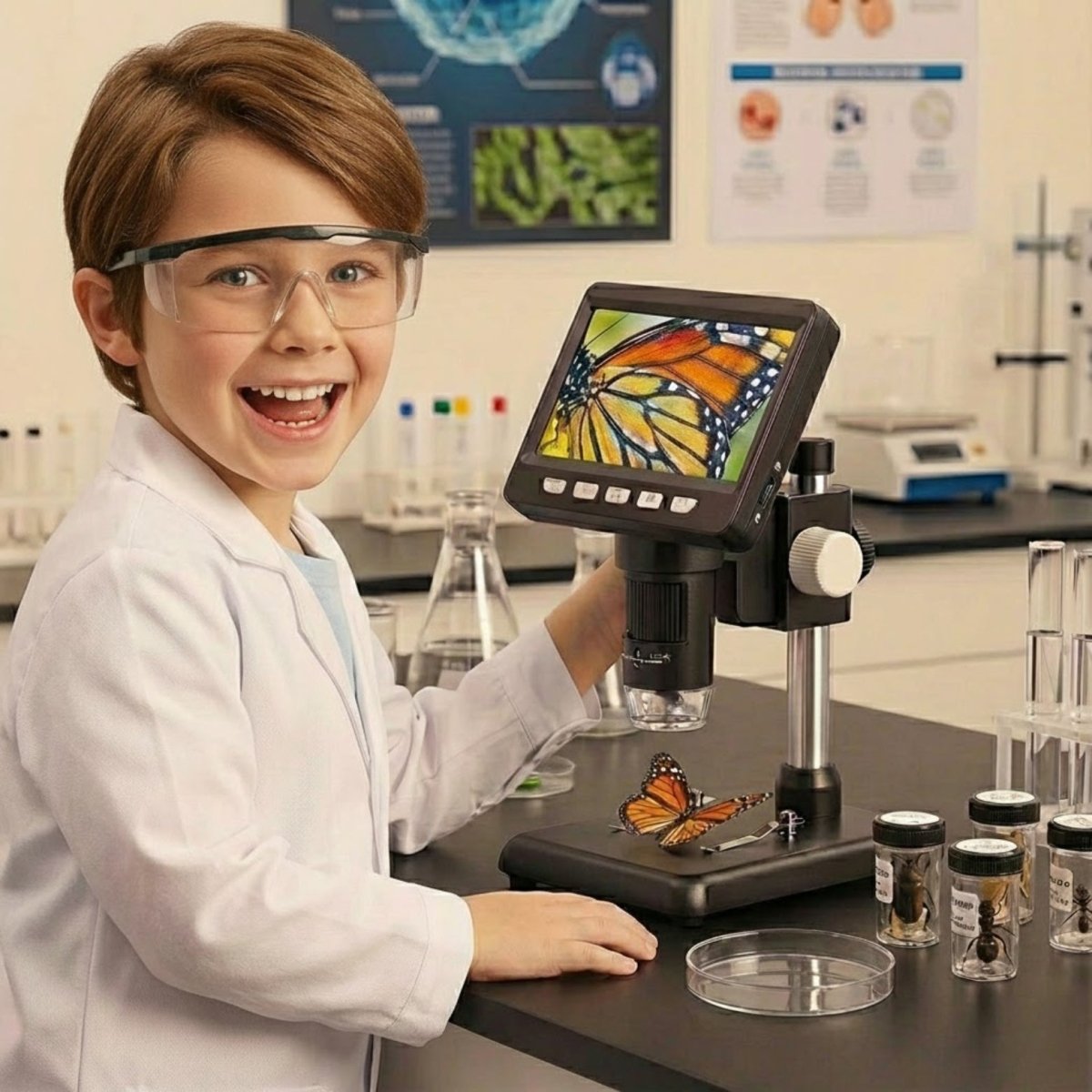 A happy young boy in a lab coat smiles while using the Kouvr Discovery Digital Microscope with a butterfly wing shown on its large LCD screen.