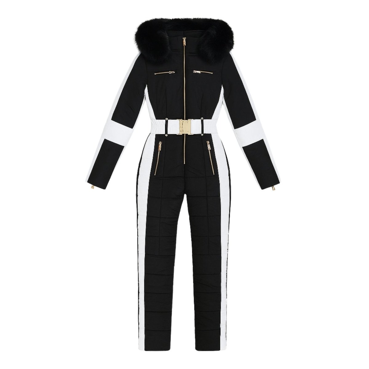 Black and white Kouvr jumpsuit with fur hood on a white background