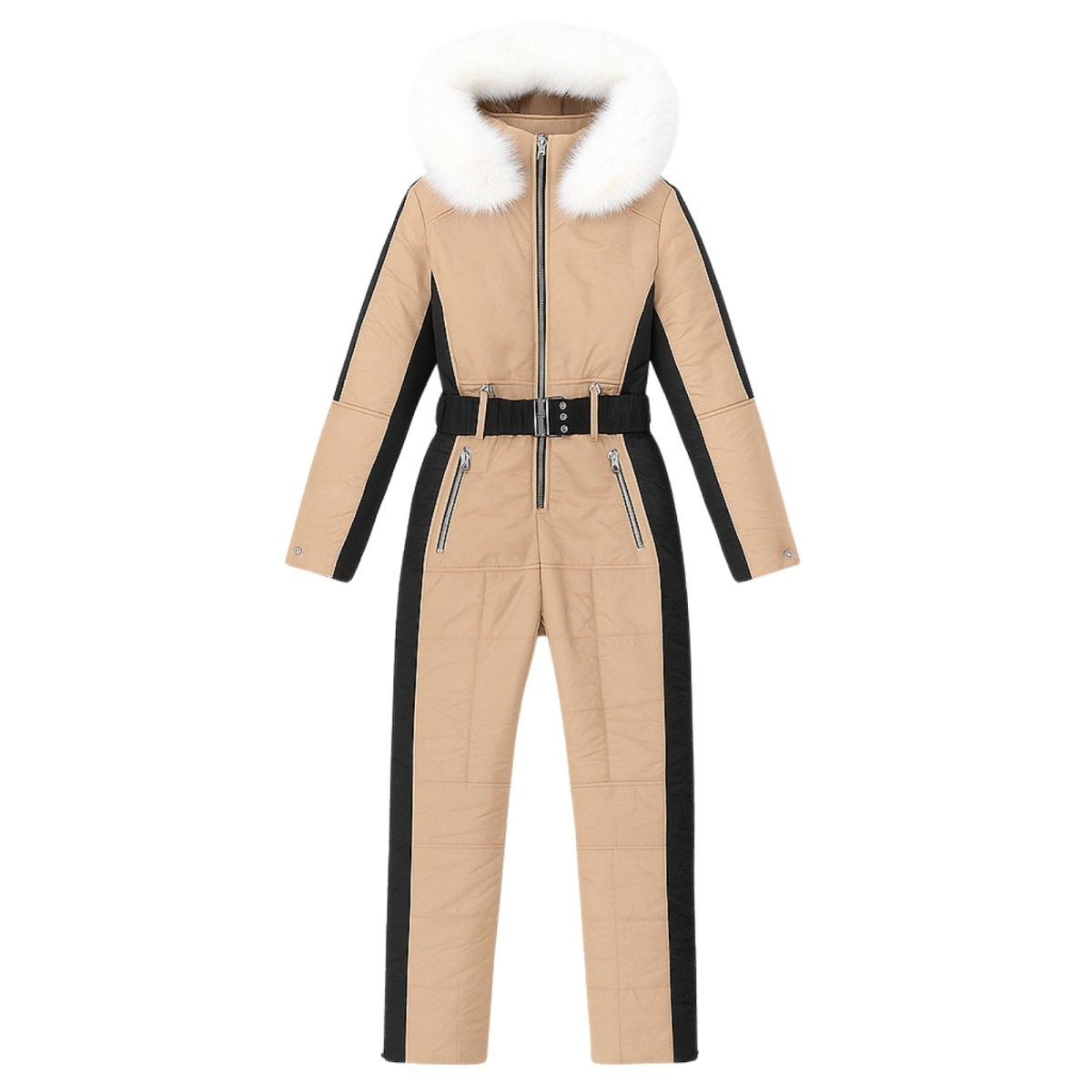 Khaki Kouvr snowsuit with black accents and white fur hood on a white background