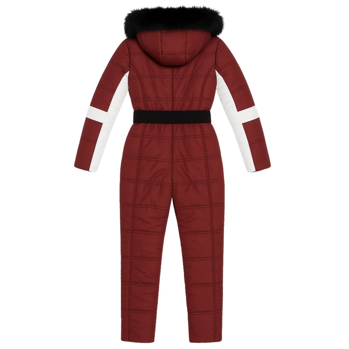 Red Kouvr snowsuit with white sleeves and black fur hood on a white background