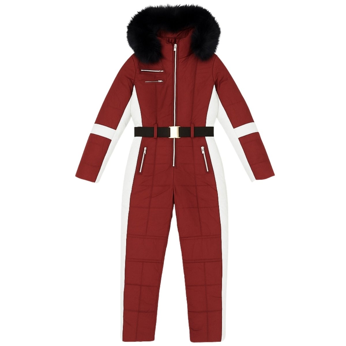 Red and white Kouvr snowsuit with black fur hood on a white background