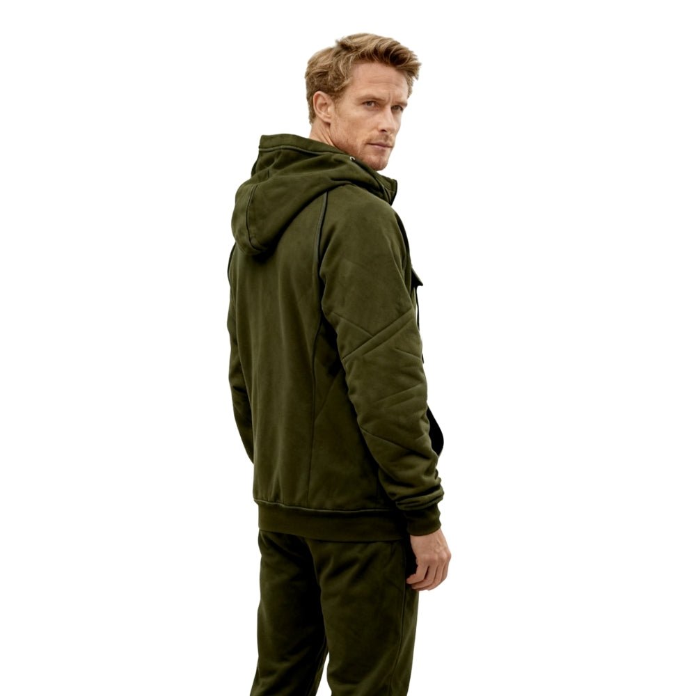 Side view of the Men's Kouvr Dominic Tactical Hoodie, detailing the quilted sleeve paneling.