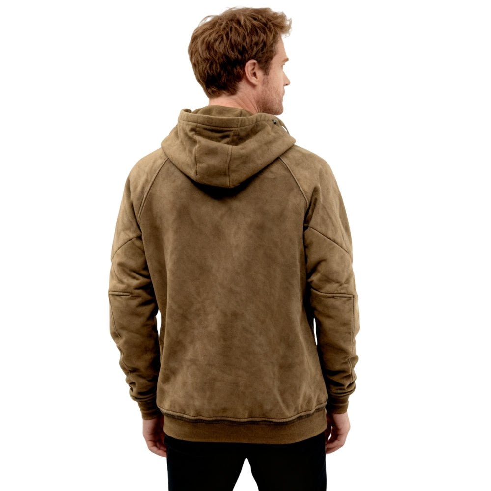 Back view of the Kouvr Dominic Tactical Hoodie on model, highlighting the hood structure and reinforced shoulder seams.