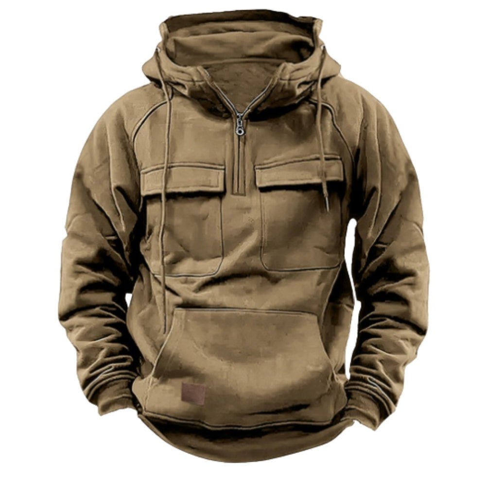 military-inspired sweatshirt," "rugged streetwear," "functional gorpcore," "garment-dyed cotton," "men's cargo hoodie," "premium casualwear.
