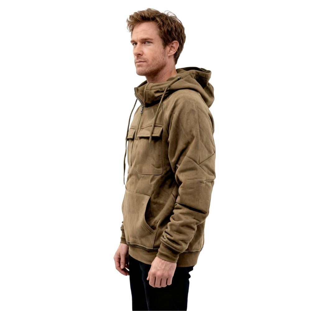 Side profile of the Kouvr Dominic Tactical Hoodie, showing sleeve panel details and vintage washed texture.