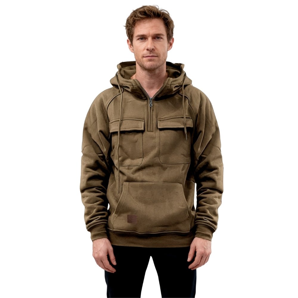 Front view of the Kouvr Dominic Tactical Hoodie in washed brown, showing quarter-zip, tactical chest pockets, and kangaroo pocket.