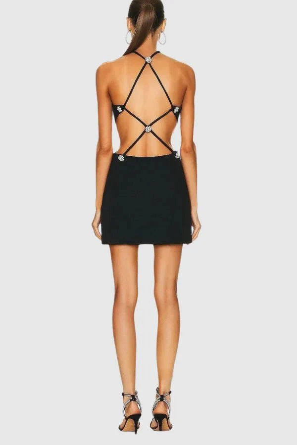 Kouvr Dulce Black Cutout Mini Dress with Crystal Embellished Open Back