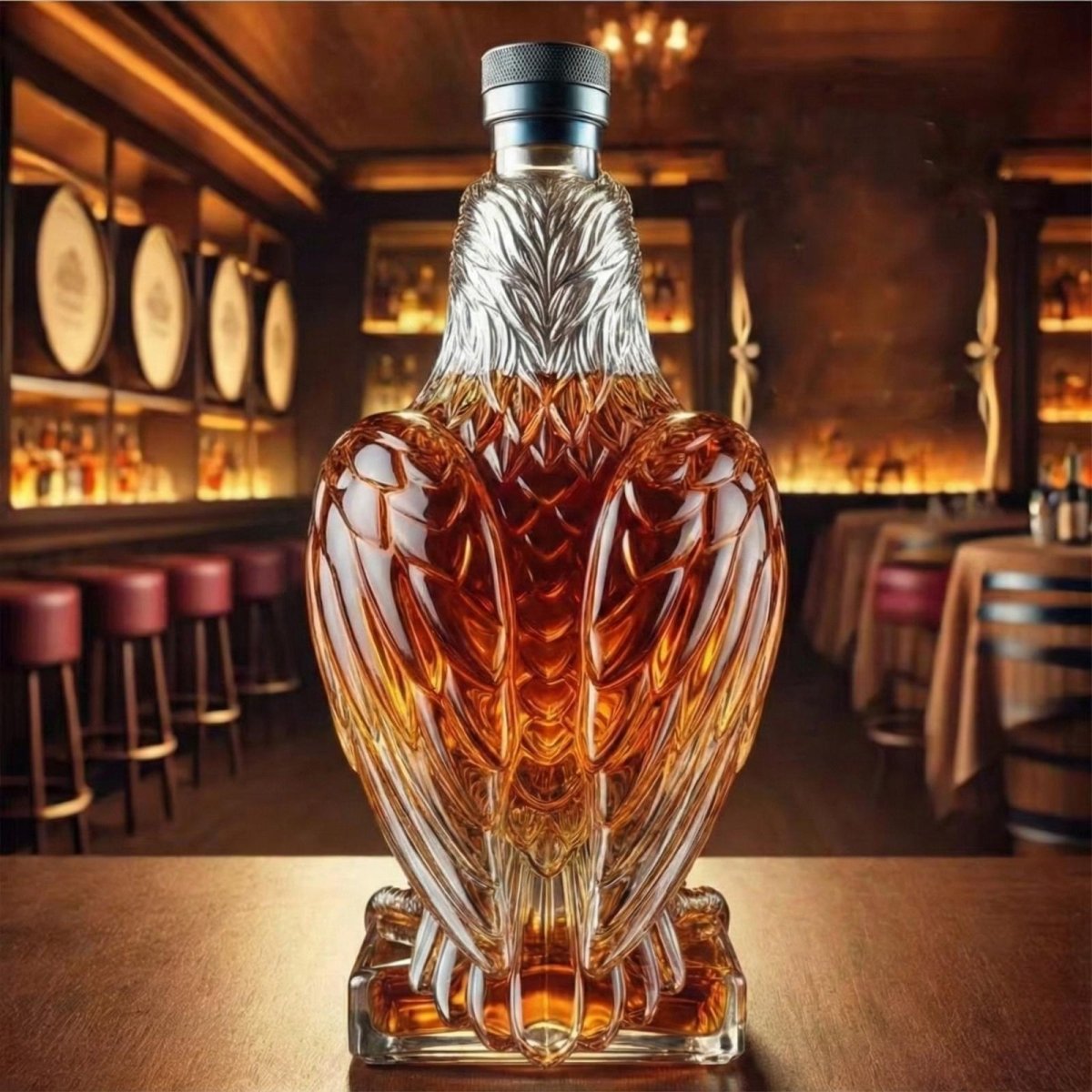 Back view showing the detailed glass feather work on the wings of the Kouvr eagle whiskey decanter for men.