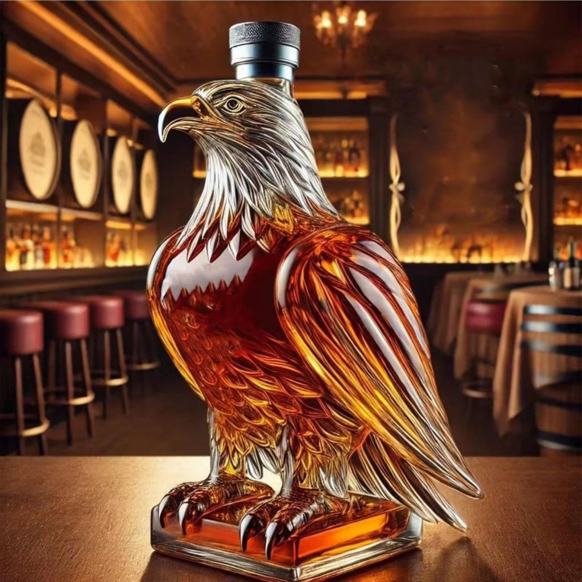 Side profile of the Kouvr handcrafted eagle whiskey decanter filled with bourbon, sitting on a wooden bar top.