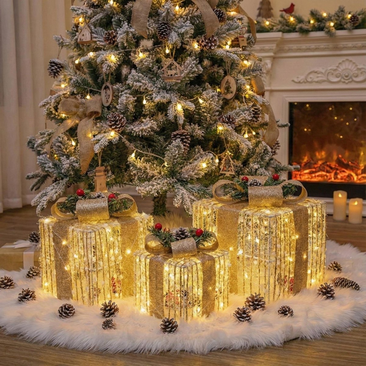 The set of three illuminated Kouvr Éclat gold gift boxes arranged beautifully under a flocked Christmas tree, creating a warm, festive ambiance in a luxury living room.