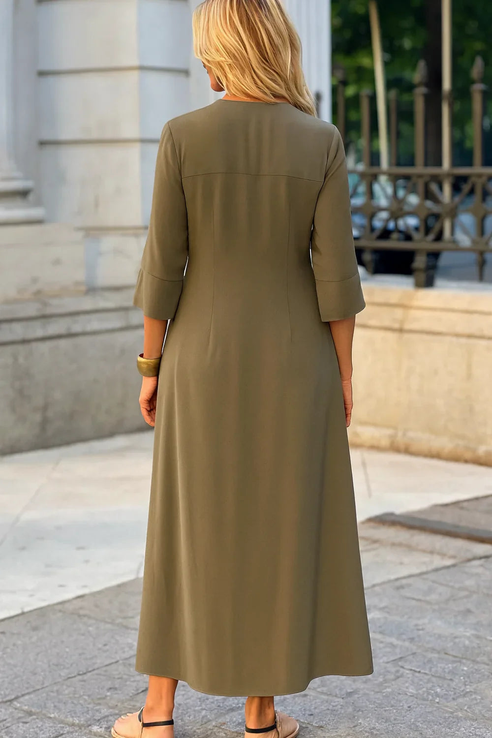 bohemian chic gown," "minimalist resort wear," "women's elegant v-neck gown," "lightweight travel dress," "full-length dress with sleeves," "versatile day-to-night dress