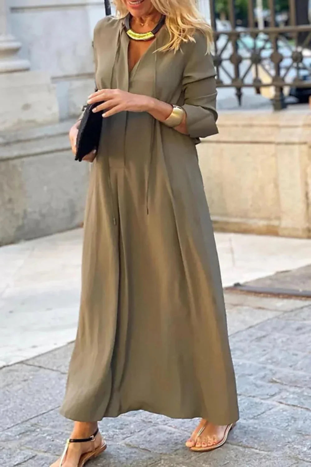 bohemian chic gown," "minimalist resort wear," "women's elegant v-neck gown," "lightweight travel dress," "full-length dress with sleeves," "versatile day-to-night dress