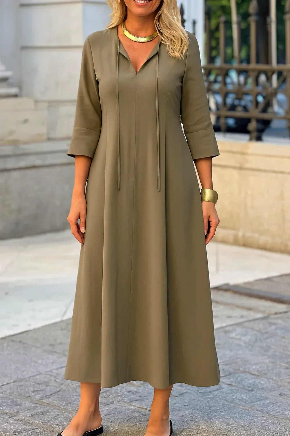 bohemian chic gown," "minimalist resort wear," "women's elegant v-neck gown," "lightweight travel dress," "full-length dress with sleeves," "versatile day-to-night dress