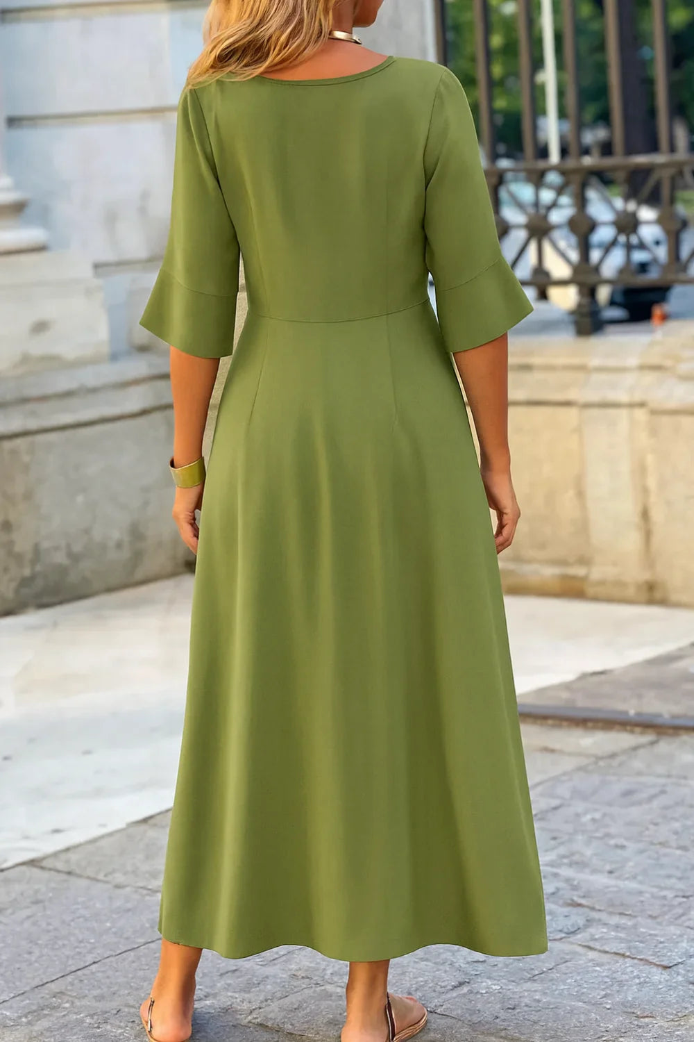 A-line silhouette', 'tie-neck gown', 'bohemian chic dress', 'vacation wear', 'comfortable elegant dress', and 'lightweight travel dress