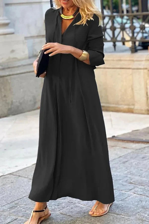 women's flowy kaftan dress, minimalist formal dress, tie-neck evening gown, resort wear maxi dress, a-line black dress for women, travel dress wrinkle free