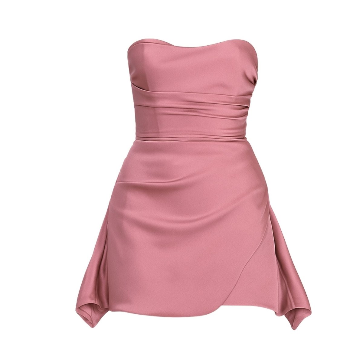 Front flat lay of the Kouvr Eesha strapless mini dress in pink satin.