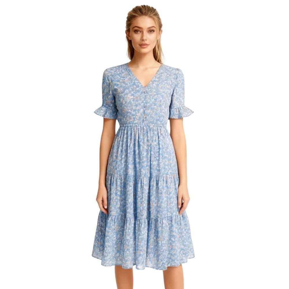 Woman wearing a kouvr blue floral dress on a white background