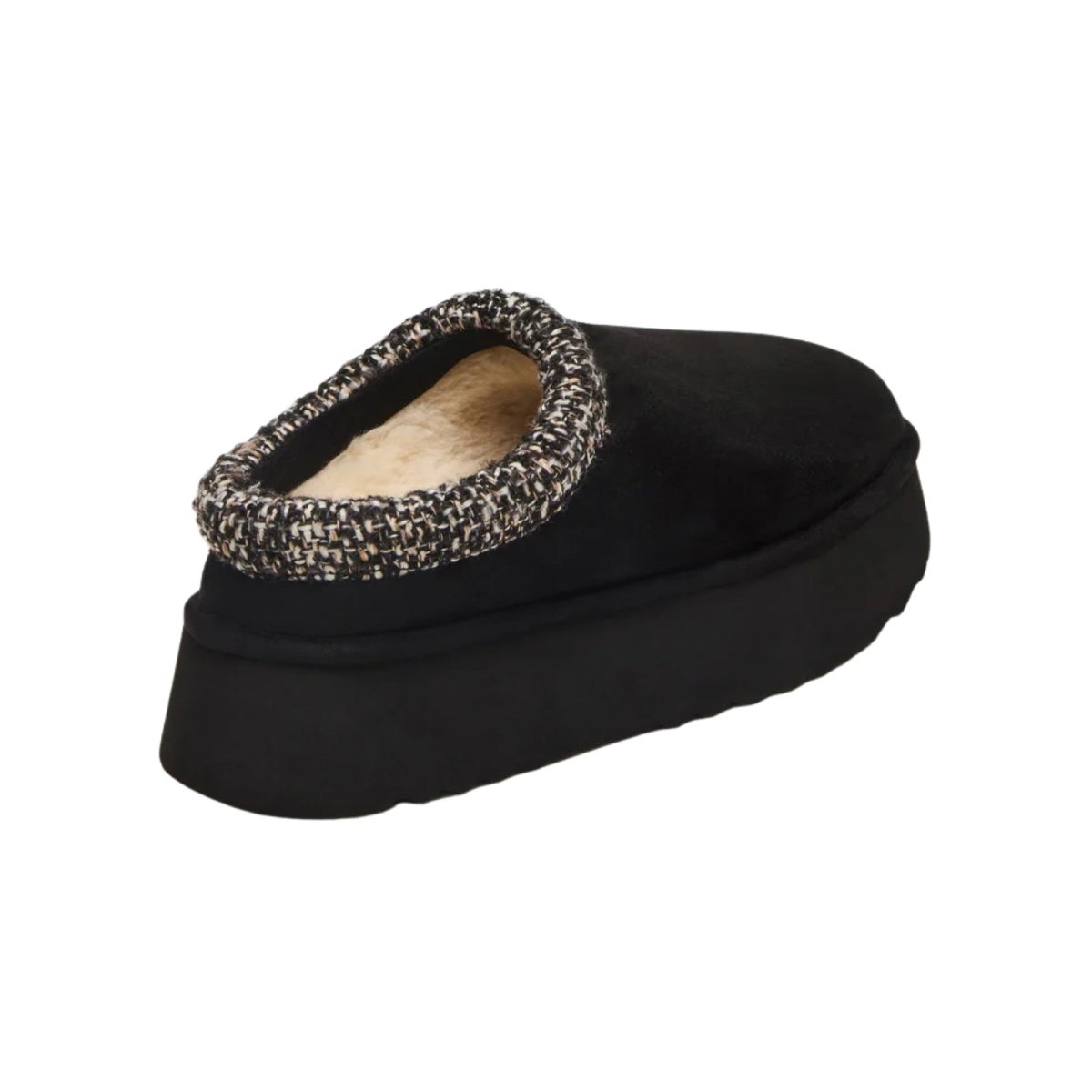 Black kouvr slipper with patterned interior on a white background