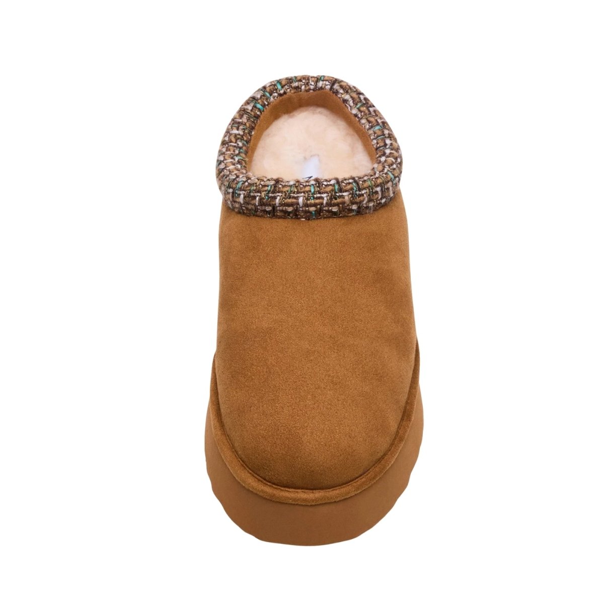 Brown kouvr slipper with patterned interior on a white background