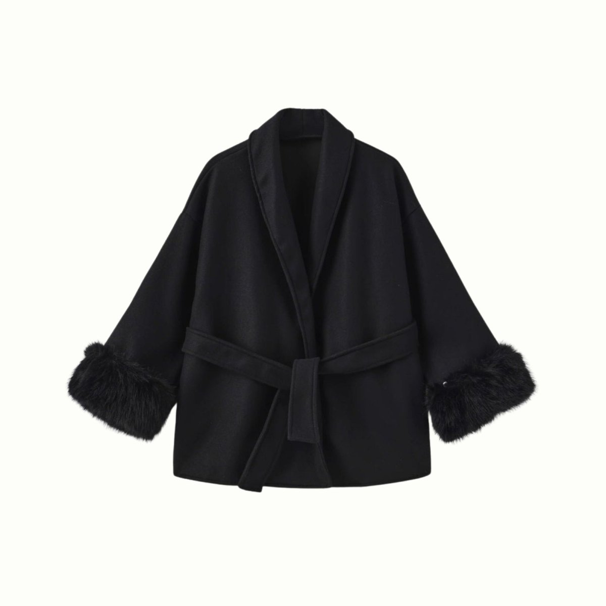 Black Kouvr coat with fur cuffs on a white background