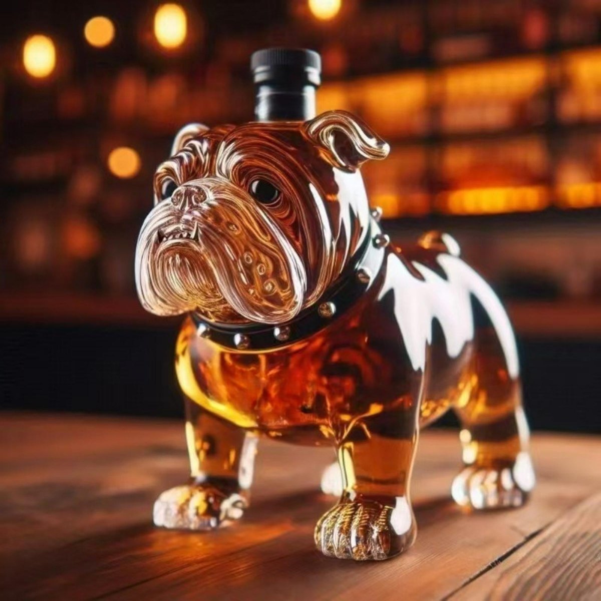 Side profile of the Kouvr English Bulldog hand-blown glass whiskey decanter, filled with amber liquid and displayed on a wooden bar top.