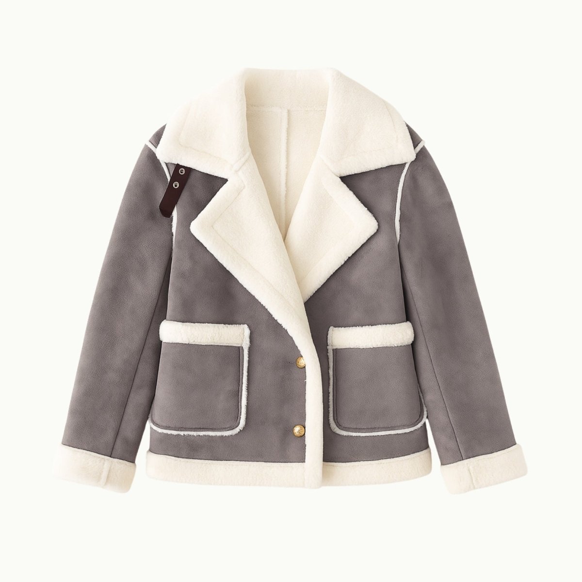 Flatlay product shot of the Kouvr Esmeralda grey shearling aviator jacket showing the open front, plush white lining, and gold buttons.