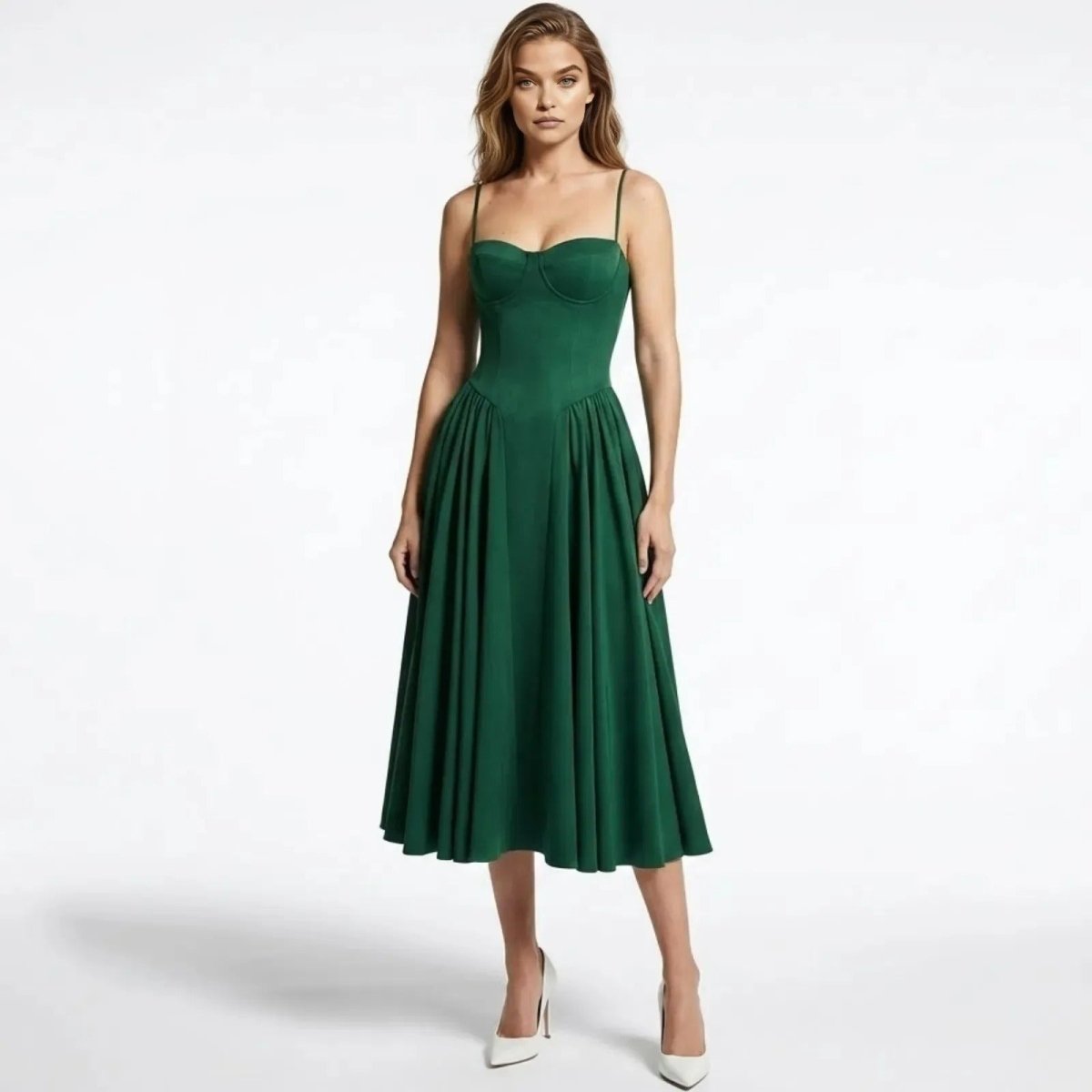 Model wearing the Kouvr Evdokia emerald green corset midi dress with a sweetheart neckline and full A-line skirt, viewed from the front.