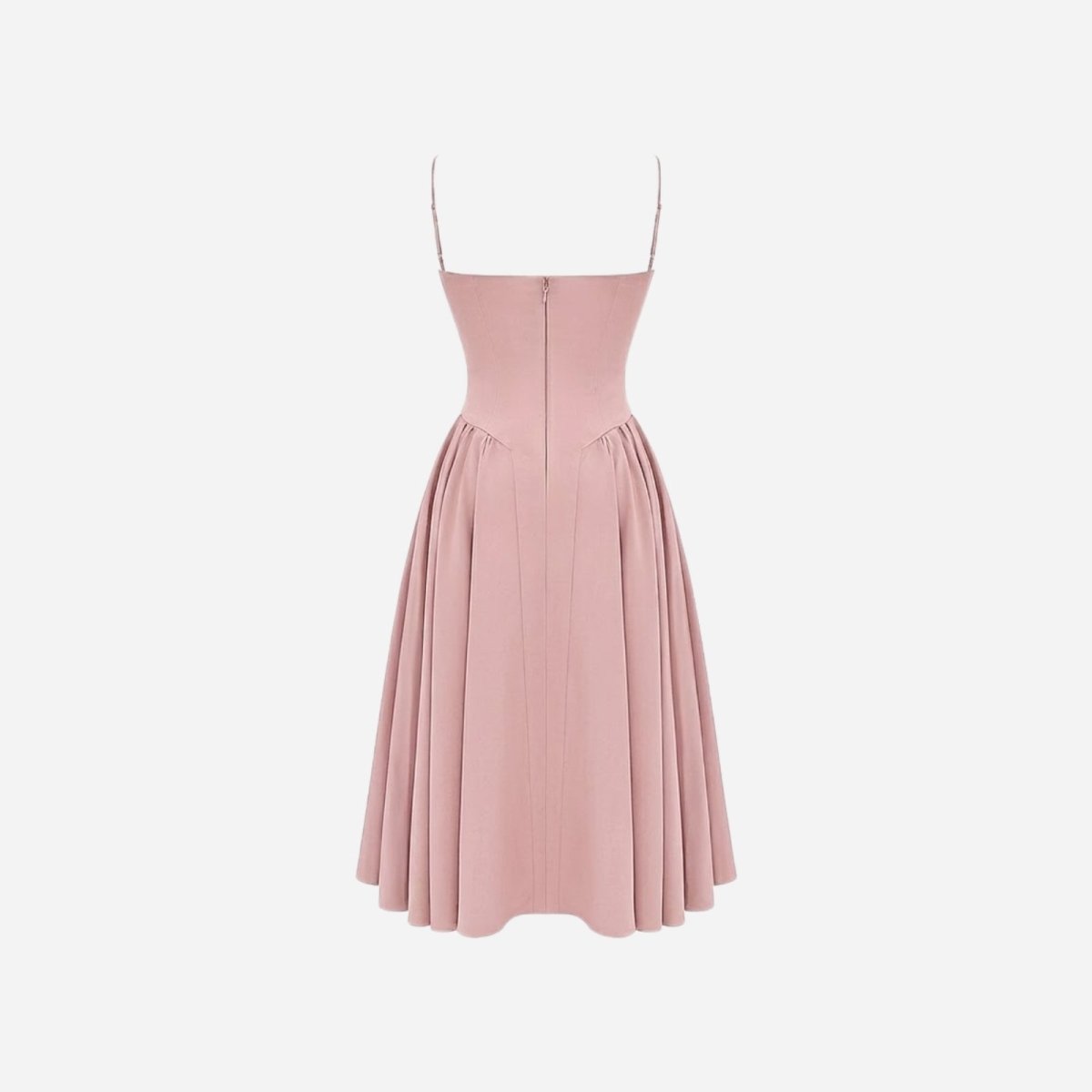 Product-only photo of the back of the Kouvr Evdokia midi dress, showing the straight-back design, spaghetti straps, and zipper detail.