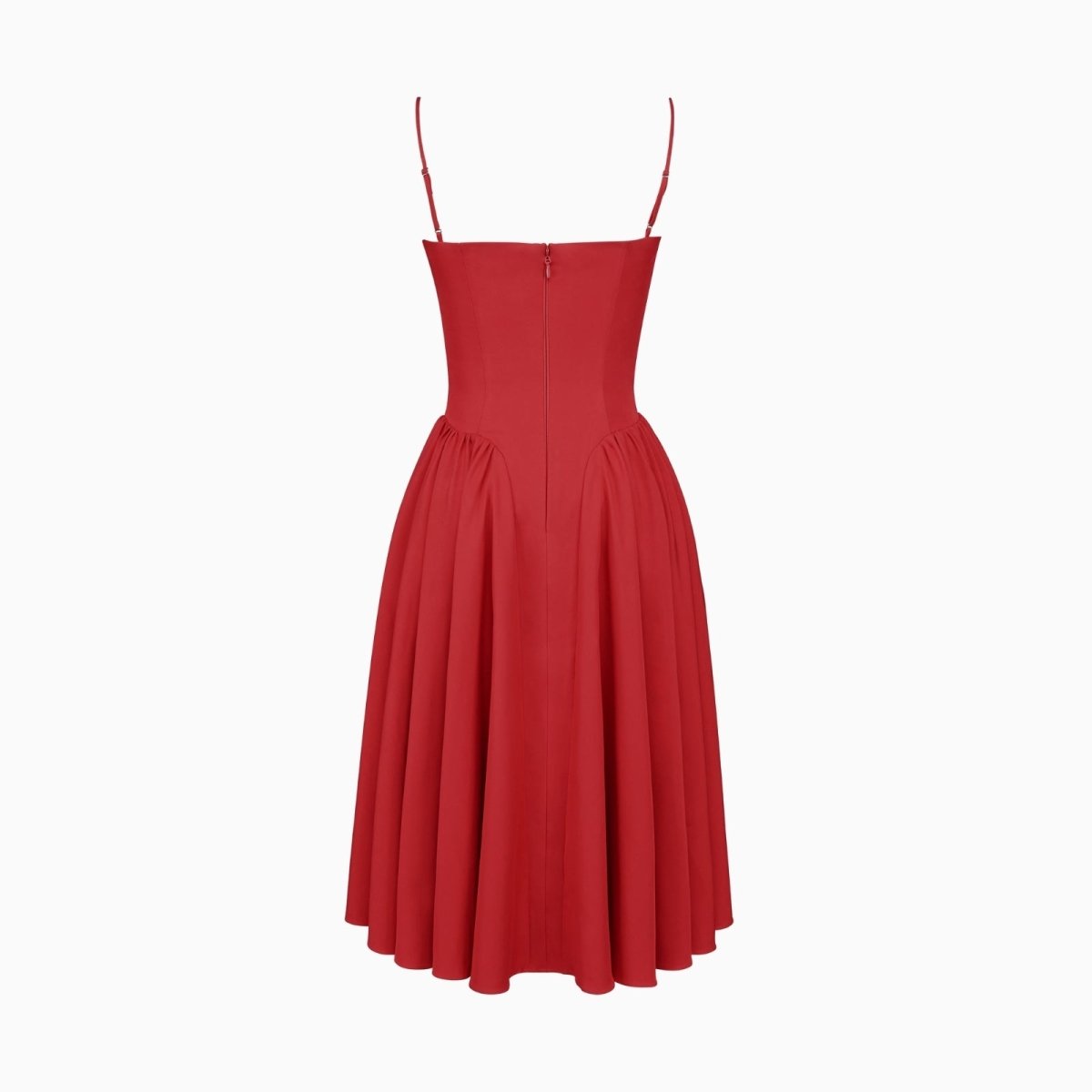 Rear studio product shot of the Kouvr Evdokia red midi dress showing the back construction and zipper.